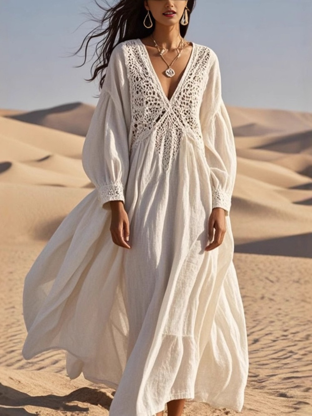Bohemian Asymmetrical Crochet V-Neck Maxi Dress - White